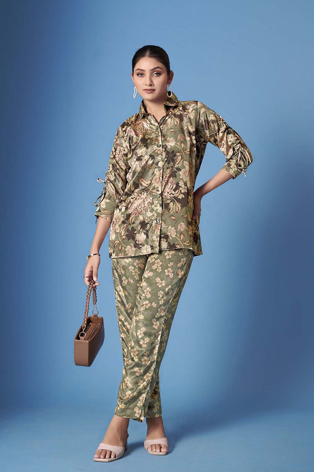 Green Floral Printed Crepe Co-Ord Set