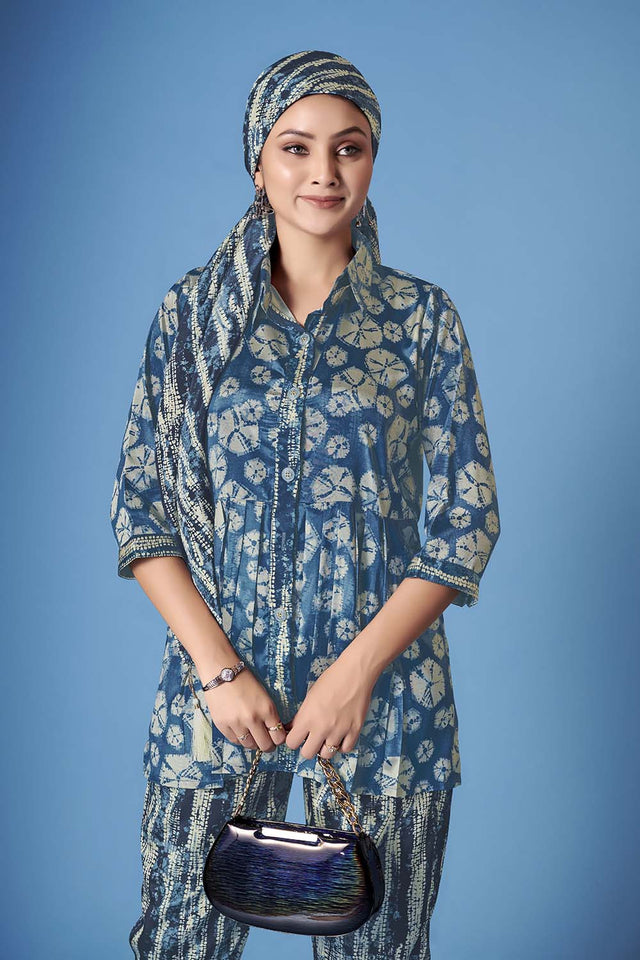 Blue Abstract Printed Crepe Co-Ord Set