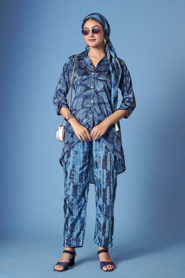Blue Abstract Printed Crepe Co-Ord Set