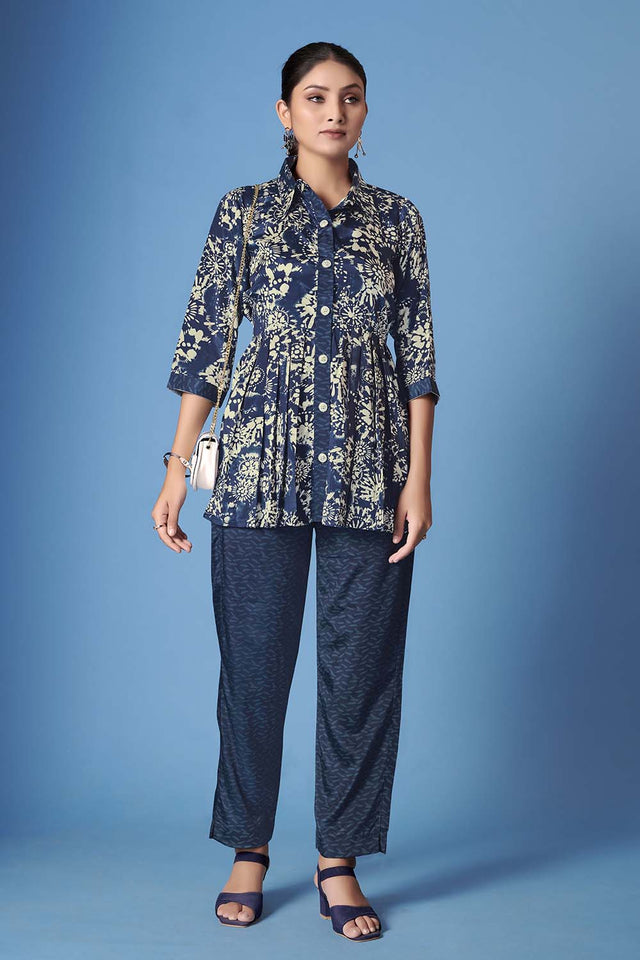 Blue Abstract Printed Crepe Co-Ord Set