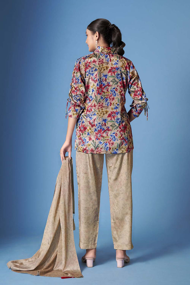 Brown Floral Printed Crepe Co-Ord Set