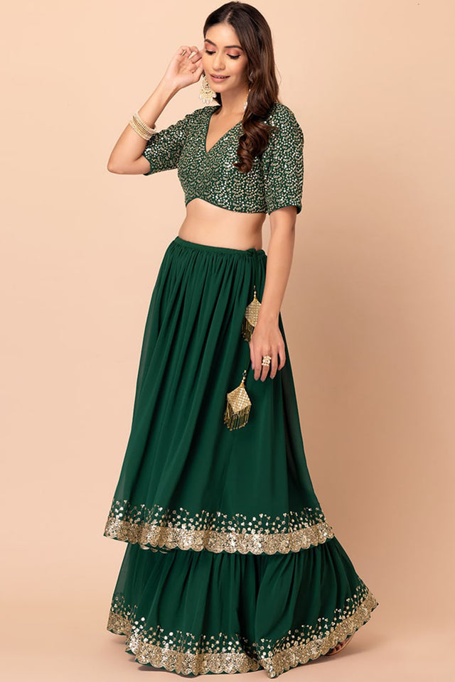 Green Sequin Georgette Lehenga