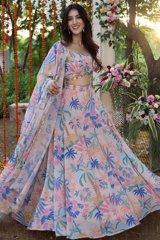 Pink Printed Georgette Lehenga