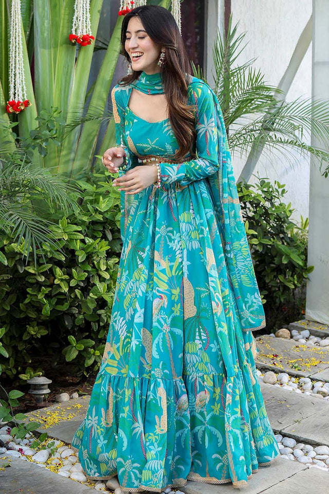 Turquoise Printed Georgette Lehenga