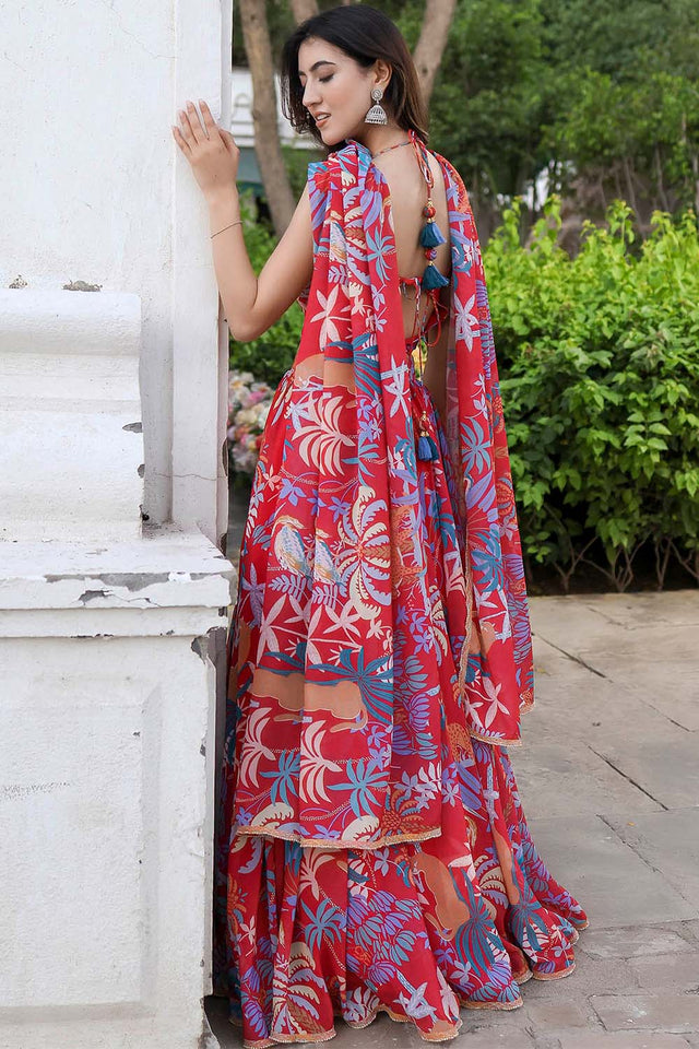 Red Printed Georgette Lehenga