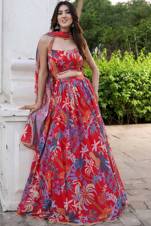 Red Printed Georgette Lehenga