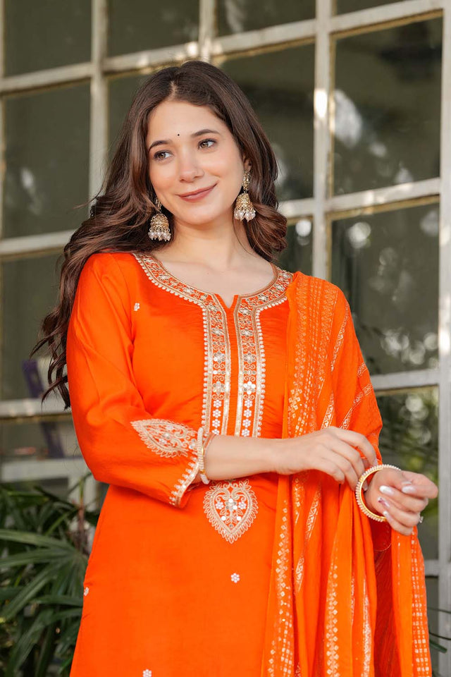 Orange Embroidered Chanderi Straight Cut Suit Set