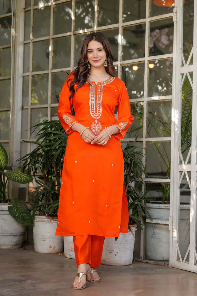 Orange Embroidered Chanderi Straight Cut Suit Set