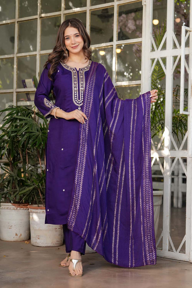 Violet Embroidered Chanderi Straight Cut Suit Set