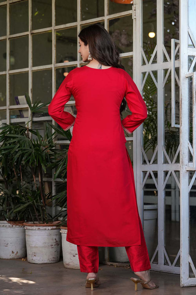 Red Embroidered Chanderi Straight Cut Suit Set