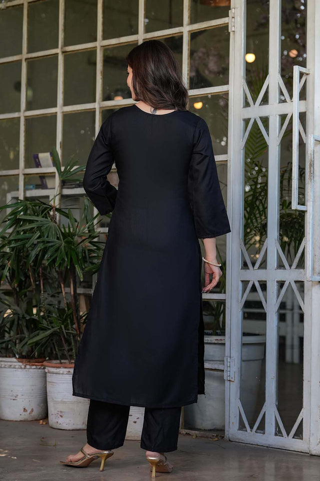 Black Embroidered Rayon Straight Cut Suit Set