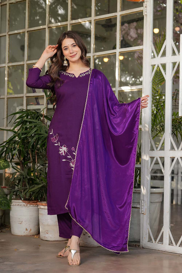 Violet Embroidered Rayon Straight Cut Suit Set