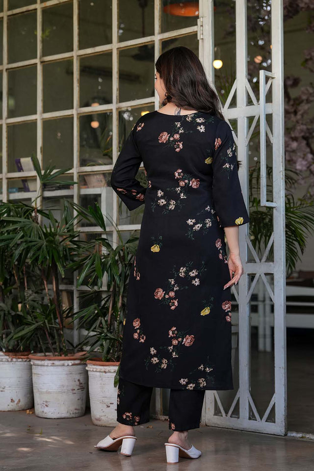 Black Floral Printed Silk Straight Cut Suit Set