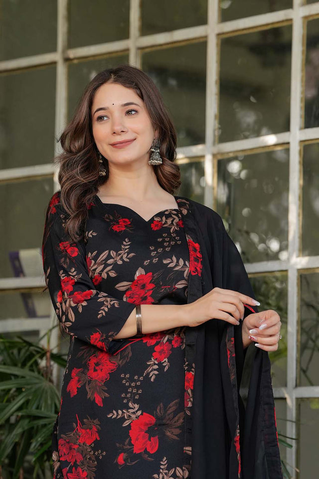 Black Floral Printed Silk Straight Cut Suit Set