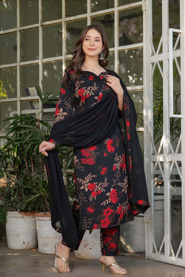 Black Floral Printed Silk Straight Cut Suit Set