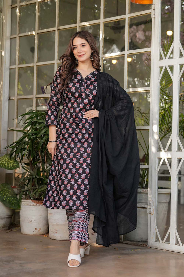 Black Floral Printed Cotton Straight Cut Suit Set