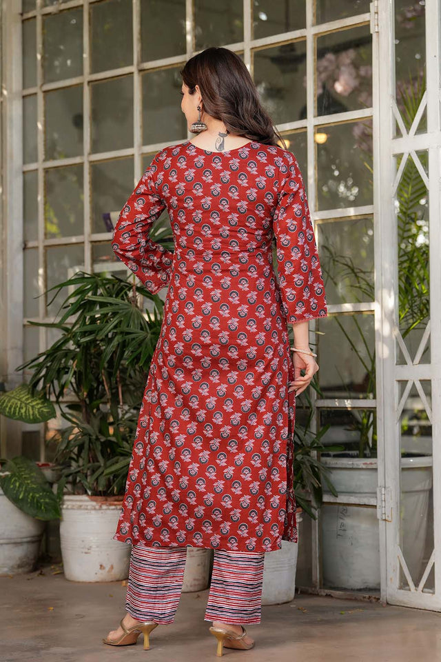 Red Floral Printed Cotton Straight Cut Suit Set