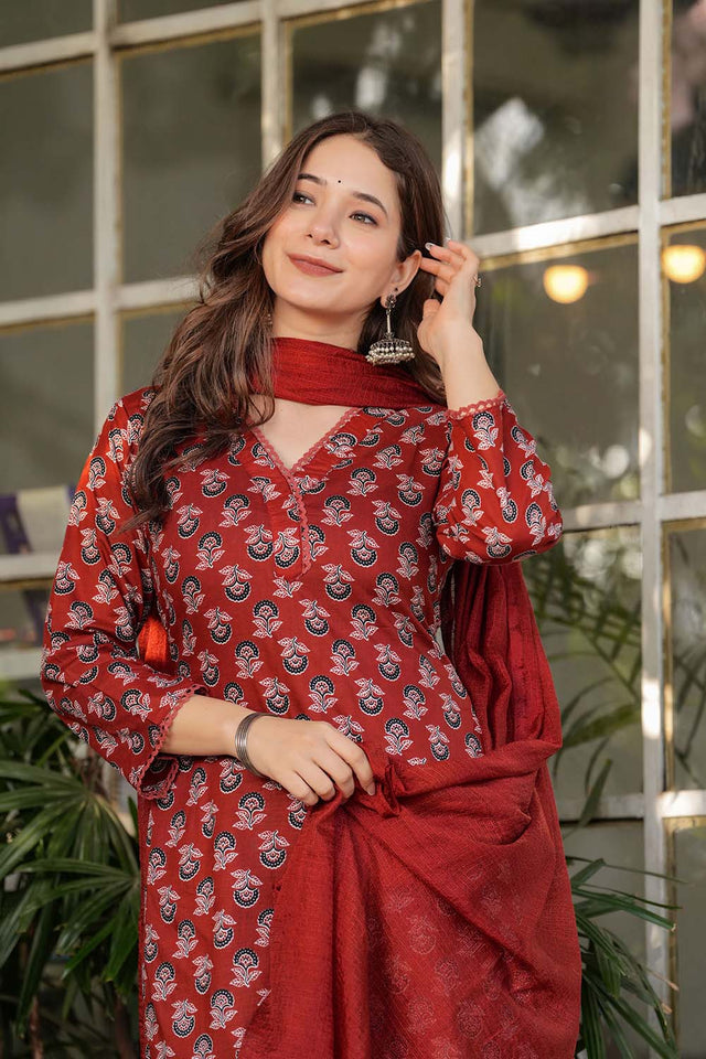 Red Floral Printed Cotton Straight Cut Suit Set