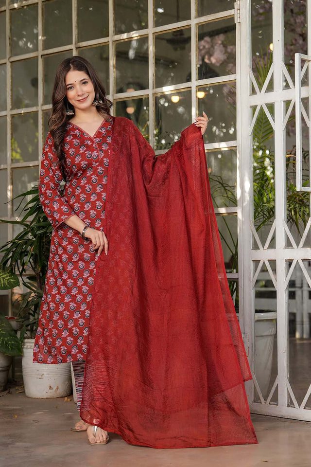 Red Floral Printed Cotton Straight Cut Suit Set