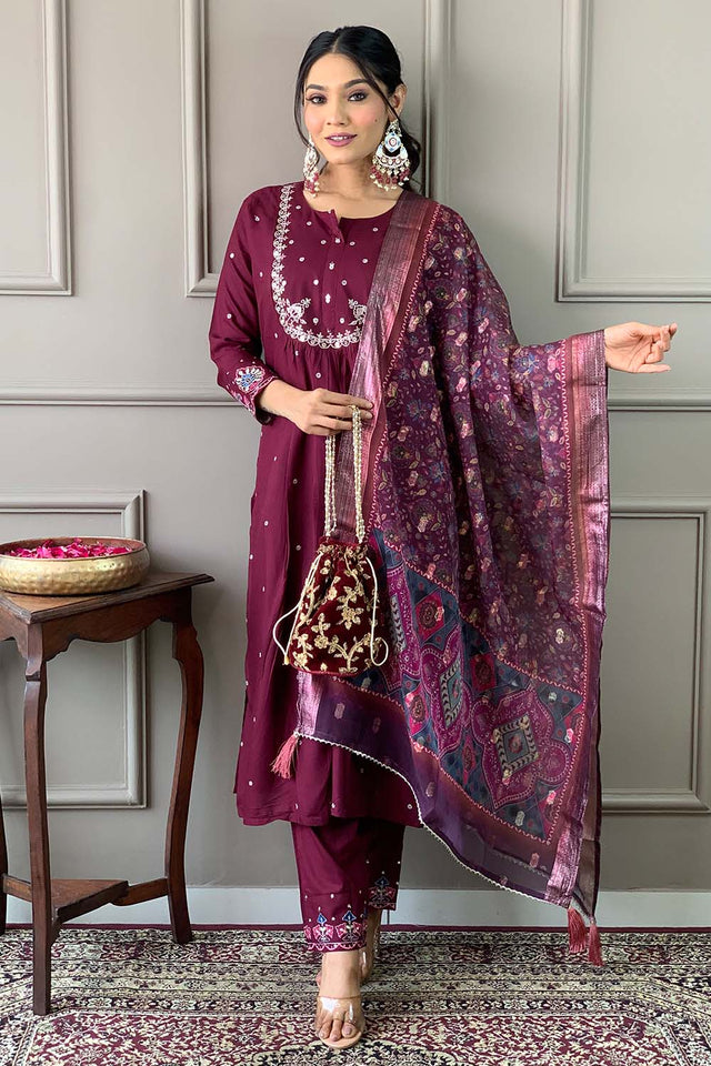 Red Embroidered Chanderi Straight Cut Suit Set