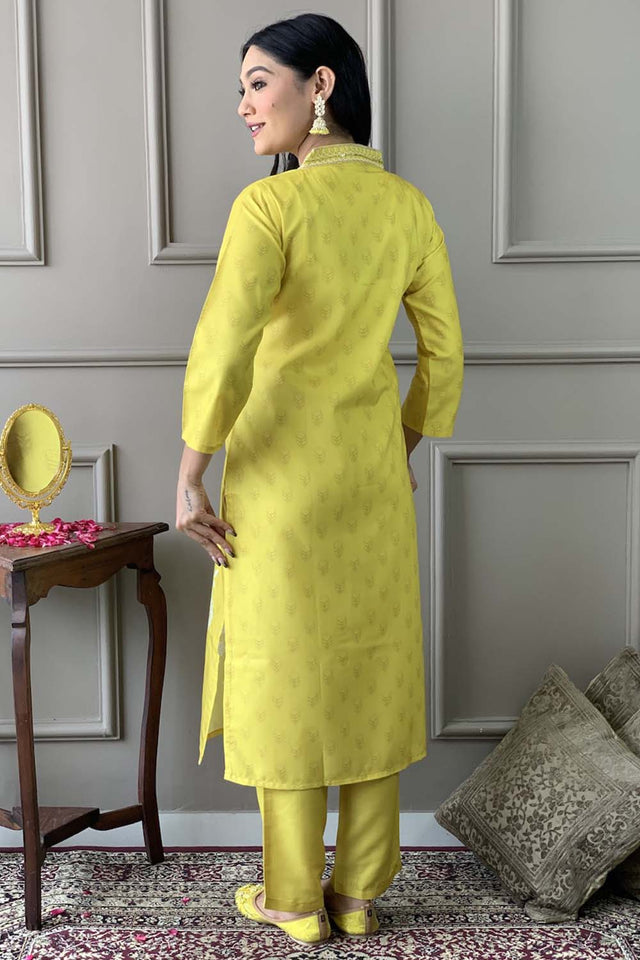 Yellow Floral Printed Muslin Straight Cut Suit Set (ACZ5135)