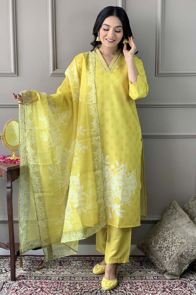 Yellow Floral Printed Muslin Straight Cut Suit Set (ACZ5135)
