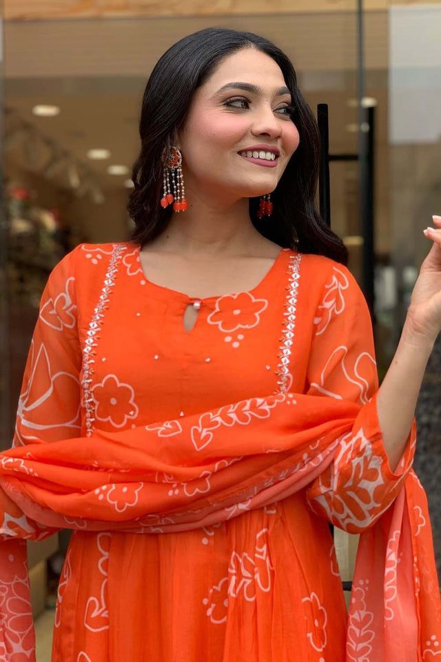 Orange Floral Printed Georgette Straight Cut Suit Set (ACZ5137)