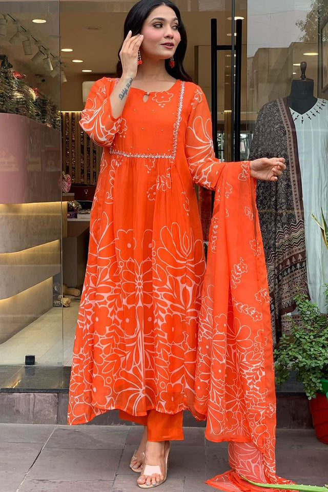 Orange Floral Printed Georgette Straight Cut Suit Set (ACZ5137)