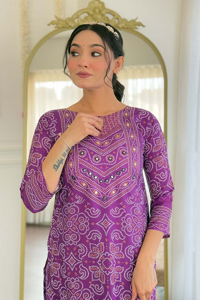 Violet Bandhani Printed Crepe Straight Cut Suit Set (ACZ5138)