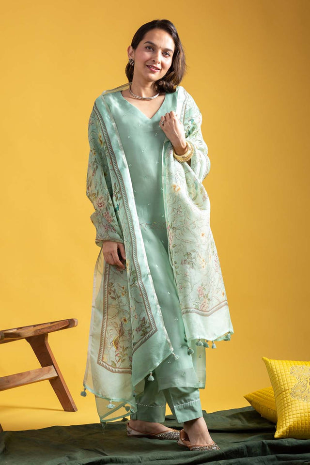 Green Floral Printed Chanderi Straight Cut Suit Set