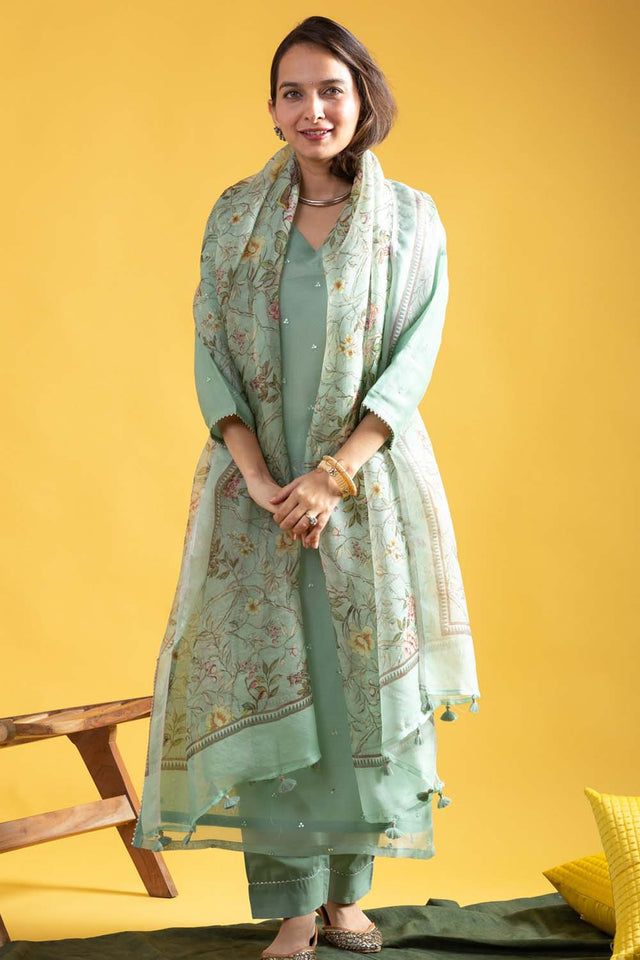 Green Floral Printed Chanderi Straight Cut Suit Set