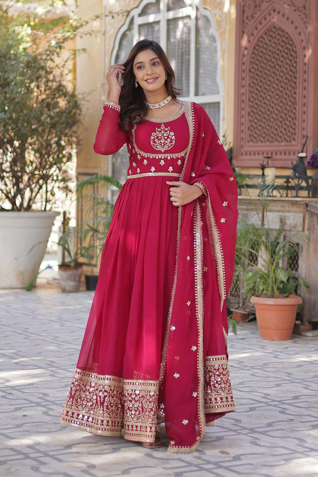 Pink Sequin with Embroidered Georgette Gown