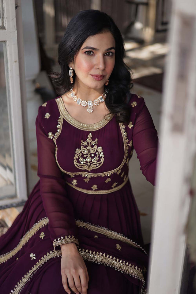 Red Sequin with Embroidered Georgette Gown (ACZ5142)