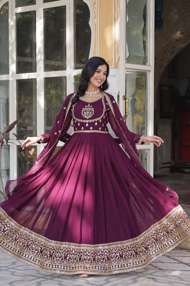 Red Sequin with Embroidered Georgette Gown (ACZ5142)