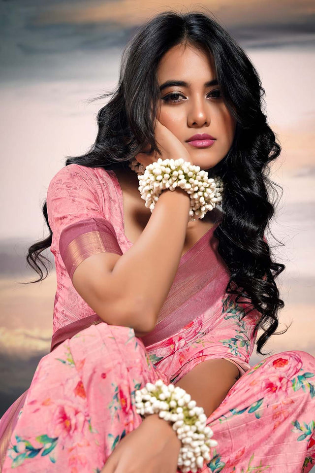 Pink Floral Printed Silk Saree (ACZ5297)