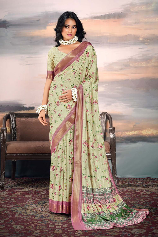 Green Floral Printed Silk Saree (ACZ5298)