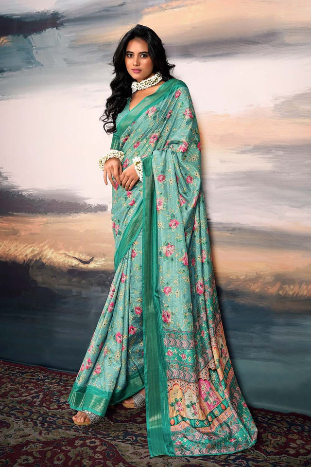 Turquoise Floral Printed Silk Saree (ACZ5300)