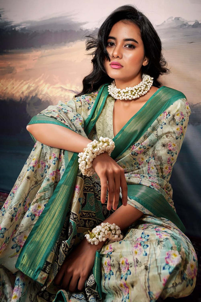 Turquoise Floral Printed Silk Saree (ACZ5302)
