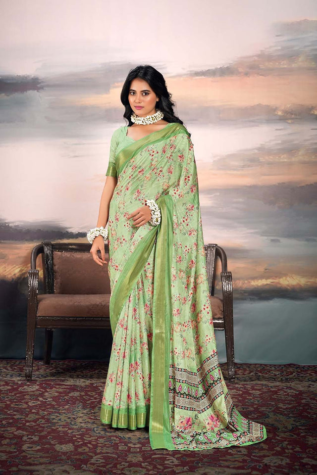 Green Floral Printed Silk Saree (ACZ5303)