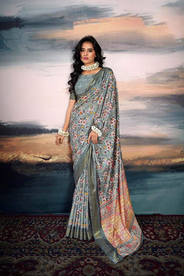 Grey Floral Printed Silk Saree (ACZ5304)