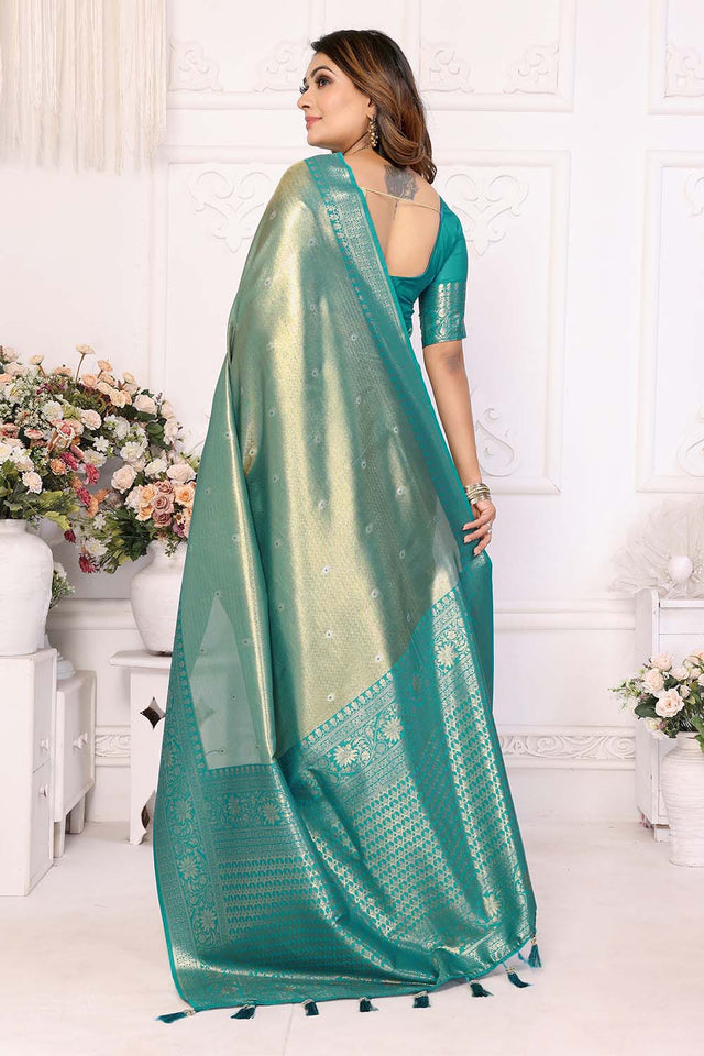 Turquoise Woven Tissue Saree