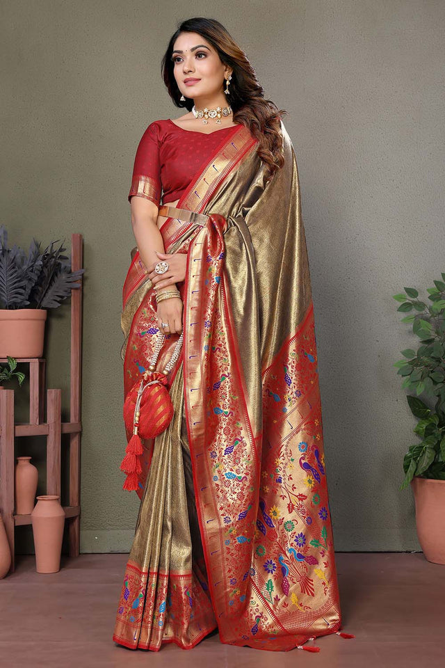 Brown Woven Tissue Saree