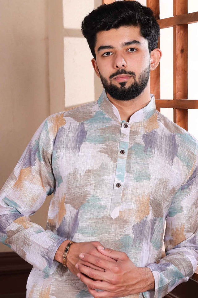 Multi-Color Printed Linen Men's Kurta Set