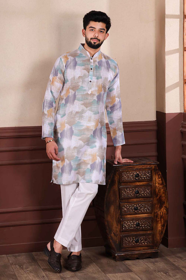 Multi-Color Printed Linen Men's Kurta Set