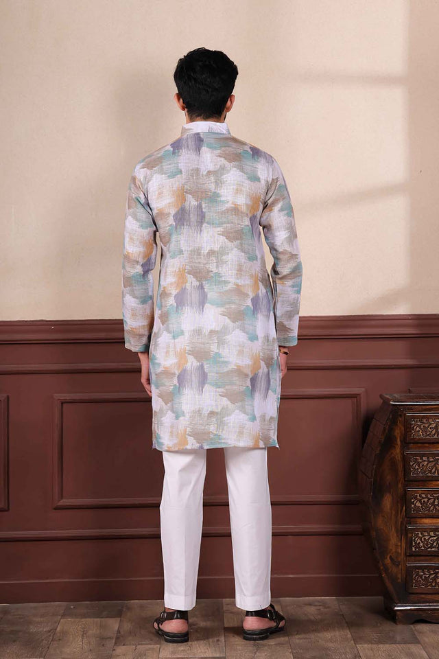 Multi-Color Printed Linen Men's Kurta Set