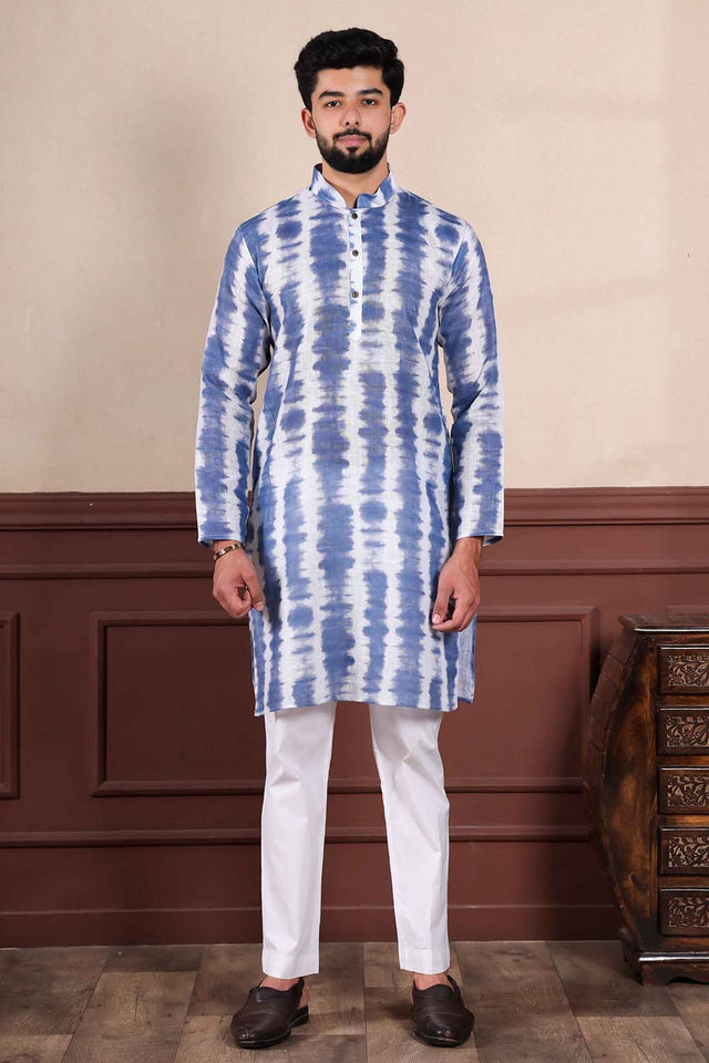 Blue Printed Linen Men's Kurta Set (ACZ5430)