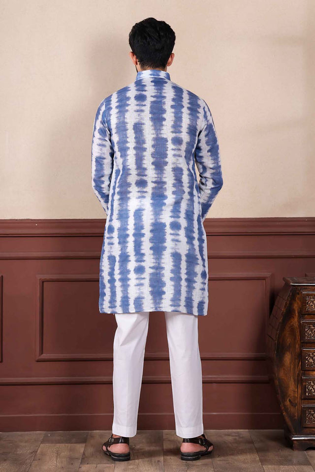 Blue Printed Linen Men's Kurta Set (ACZ5430)