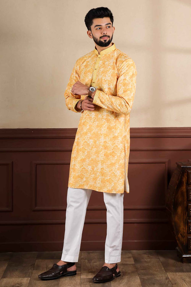 Yellow Abstract Printed Cotton Men's Kurta Set (ACZ5439)