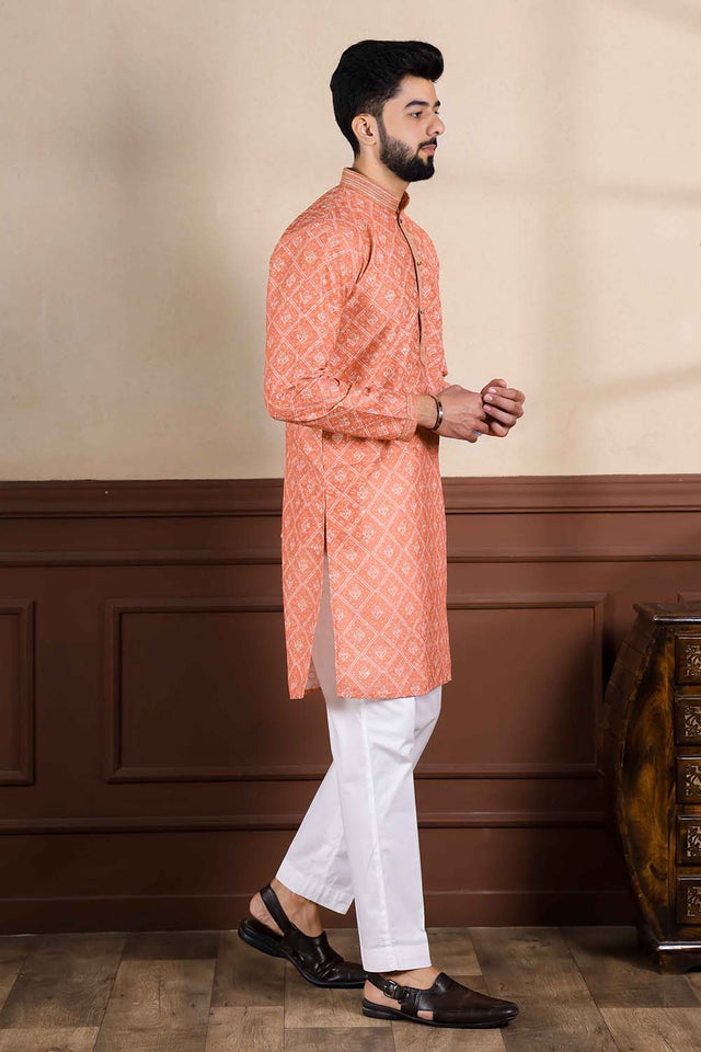 Orange Printed Cotton Men's Kurta Set (ACZ5440)