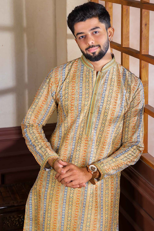 Yellow Printed Cotton Men's Kurta Set (ACZ5441)